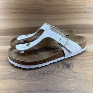 Birkenstock Gizeh Womens 6 W EU 37 Pearl White Snake Embossed Flip Flop Sandals